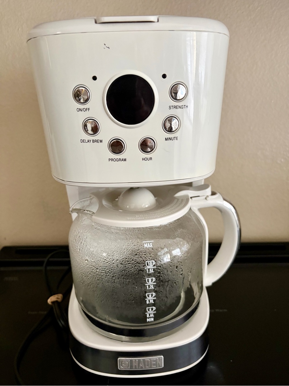 Haden Coffee, 12 Cup Programmable Drip Coffee Maker, Ivory & Chrome HC03001-US